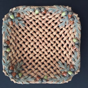 Oak and acorn woven pottery bread or fruit basket