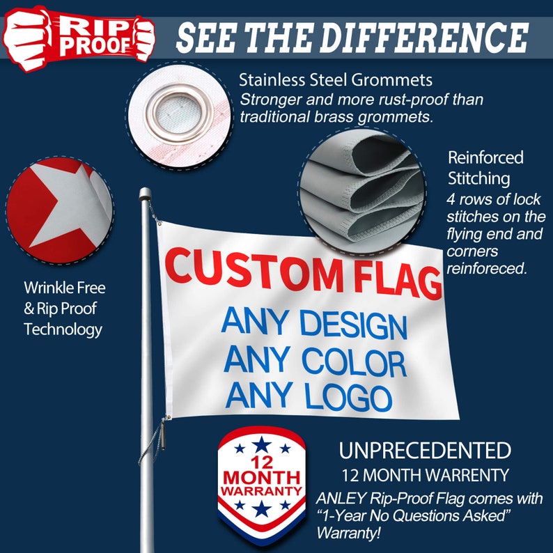 以下が含まれることがあります： 「CUSTOM FLAG」という赤い文字と、「ANY DESIGN」、「ANY COLOR」、「ANY LOGO」という黒い文字が書かれた白いカスタムフラッグ。フラッグは銀色のポールに取り付けられています。フラッグは破れにくい素材で作られており、ステンレス製のグロメットで補強されたステッチが施されています。フラッグには12ヶ月の保証が付いています。