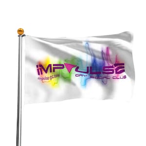 May include: A white flag attached to a silver pole with a gold finial. The flag features the purple text IMPULSE and GAY SOCIAL CLUB with the URL impulse-gsc.com, set against a background of colourful, abstract, rainbow-coloured sound waves.