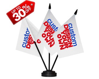 Custom Desk Top Triple Flag Set - Personalized Advertising Mini Banner Table Flags Customized Print Own Image Logo Wedding Centerpiece Flag