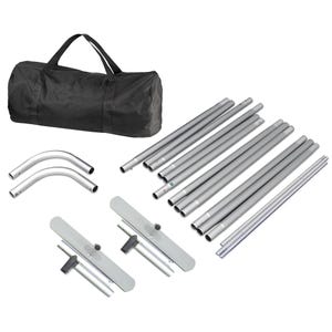 May include: A disassembled display stand kit, featuring a black duffel bag, silver metal poles, curved pieces, and base supports. The components are arranged against a white background, ready for assembly.