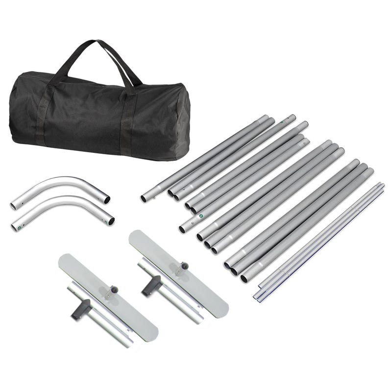 May include: A disassembled display stand kit, featuring a black duffel bag, silver metal poles, curved pieces, and base supports. The components are arranged against a white background, ready for assembly.