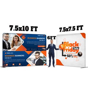 May include: Two large business banners, one 7.5 x 10 ft and the other 7.5 x 7.5 ft, are displayed. The first banner has a blue and orange design with the text "Business Banners Design." The second banner promotes a "Black Friday Sale" with a 50% off offer.