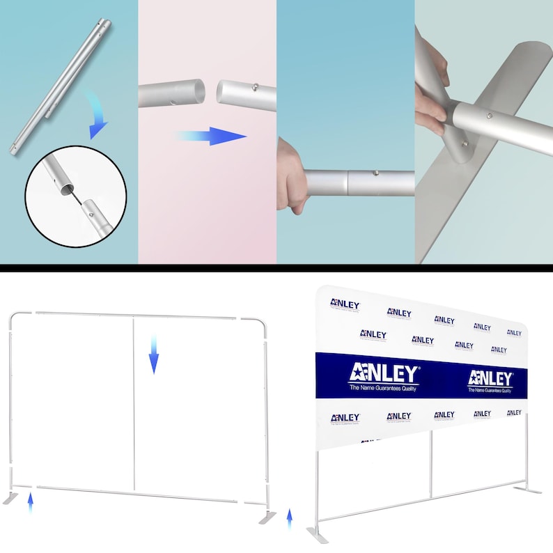 May include: Step-by-step assembly guide for a silver metal banner stand. The stand is shown in various stages of construction, from connecting poles to attaching the banner. The final image displays the banner with the "ANLEY" logo.