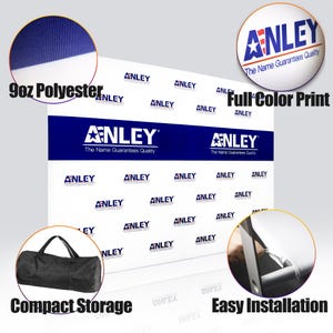 May include: A white backdrop with the "ANLEY" logo in blue. The backdrop is made of 9oz polyester and features a full-color print. It includes compact storage and easy installation.