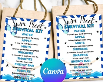 Könnte beinhalten: Zwei bedruckbare Schilder in Blau und Weiß mit dem Text "Swim Meet Survival Kit" und einer Liste von Gegenständen, die in das Kit aufgenommen werden sollen. Die Schilder sind mit blau-weißen Streifen und einem Cartoon-Bild eines Schwimmers mit Schwimmbrille verziert.