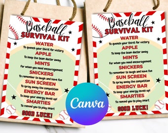 Editable Baseball Survival Kit Gift Tag, Gift Bag Printable, Baseball Gift, Baseball Camp, Baseball Team Gift, Baseball Mom, Canva Template