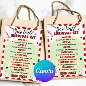 Bearbeitbarer Baseball-Survival-Kit-Geschenkanhänger, druckbare Geschenktüte, Baseball-Geschenk, Baseball-Camp, Baseball-Team-Geschenk, Baseball-Mama, Canva-Vorlage
