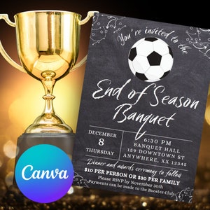 Editable Soccer Banquet Invitation Template, Team Party, End of Season, Soccer Player, Senior Night, Soccer Mom, Awards Banquet Soccer Party