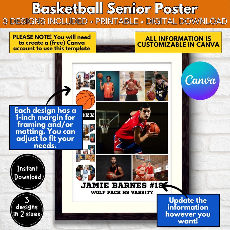 May include: A basketball senior poster template with a collage of basketball photos and the text "Jamie Barnes #19 Wolf Pack HS Varsity". The poster is customizable in Canva and includes a 1-inch margin for framing or matting.