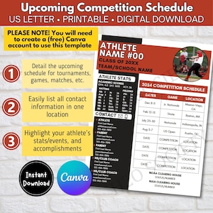 Puede incluir: Una plantilla imprimible en rojo, blanco y negro para un calendario de competici&oacute;n de softbol de un atleta. La plantilla incluye secciones para las estad&iacute;sticas del atleta, la informaci&oacute;n de contacto y un calendario de competici&oacute;n 2024 con las fechas, los partidos y las ubicaciones. El texto "ATHLETE NAME #00" est&aacute; en la parte superior de la plantilla.