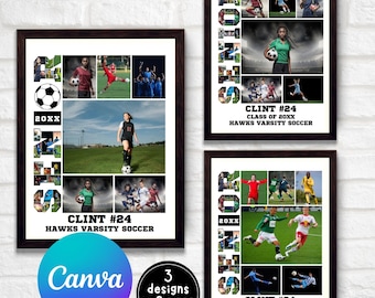 May include: Three framed collage prints with a soccer theme. Each print features the word "Senior" spelled out with photos of soccer players. The text "Clint #24 Hawks Varsity Soccer" is included on each print.
