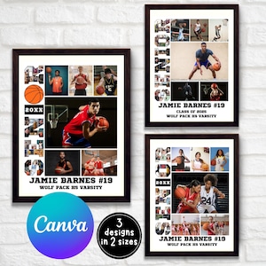 May include: Three printable designs for a basketball senior collage featuring a basketball player in a red jersey, a basketball player in a blue jersey, and two female basketball players in a red and white jersey. The designs feature the word "Senior" spelled out with basketball photos. The text "Jamie Barnes #19 Wolf Pack HS Varsity" is included in each design.