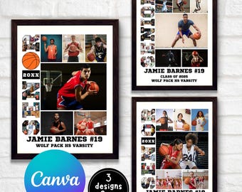 Basketball Senior Poster, Fotocollage, Seniorennacht, Abschlussgeschenke, Basketballgeschenk, bearbeitbare Sportfotocollage, Canva-Vorlage