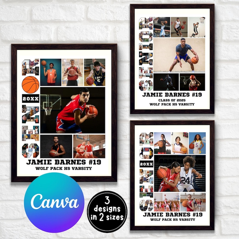 May include: Three printable designs for a basketball senior collage featuring a basketball player in a red jersey, a basketball player in a blue jersey, and two female basketball players in a red and white jersey. The designs feature the word "Senior" spelled out with basketball photos. The text "Jamie Barnes #19 Wolf Pack HS Varsity" is included in each design.