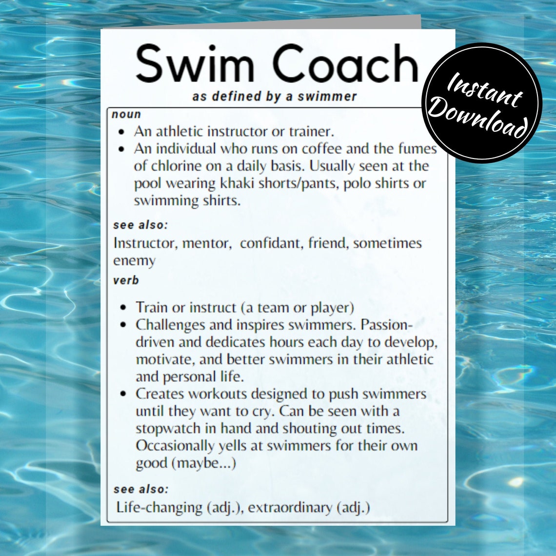 Printable Swim Coach Card Swim Coach Definition Blank Etsy