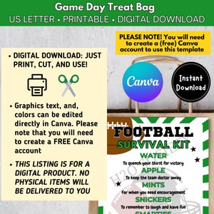 Editable Football Survival Kit Gift Tag, Gift Bag Printable, Football ...