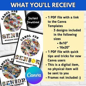 May include: Three printable designs for a baseball-themed senior photo collage. The designs feature a baseball with photos in the panels, the word "Senior" in large letters, and the name and number of the graduate. The designs are available in 8x10 and 16x20 inch sizes. The text "Instant Download" and "Canva" are also visible.