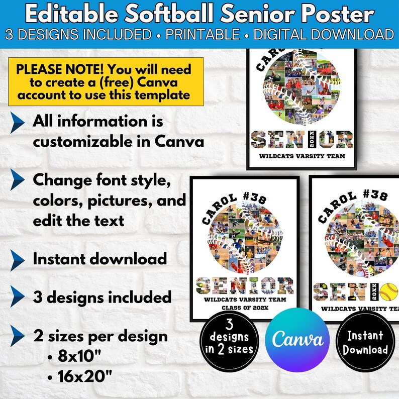 May include: Three softball senior poster designs featuring a softball made of photos. The text on the posters reads "CAROL #38 SENIOR WILDCATS VARSITY TEAM CLASS OF 202X". The posters are available in two sizes: 8x10 inches and 16x20 inches.