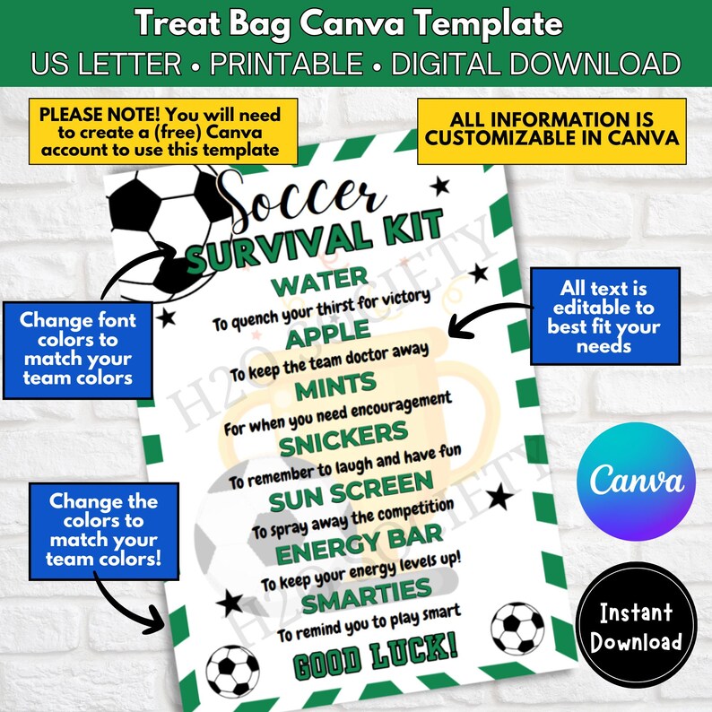 Editable Soccer Survival Kit Gift Tag, Gift Bag Printable, Soccer Gift ...