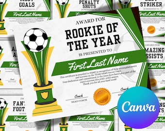 May include: Green and white soccer award certificate with a gold trophy and soccer ball. The text reads "Award for Rookie of the Year" and "First Last Name".
