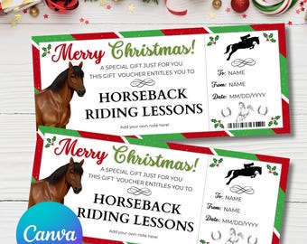 May include: Two gift vouchers with a Christmas theme. The vouchers are red and green with the text "Merry Christmas!" and "Horseback Riding Lessons." One voucher has a brown horse illustration, the other has a rider on a horse.