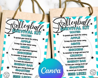Könnte beinhalten: Eine druckbare Volleyball-Überlebenskit-Checkliste mit blau-weiß gestreiftem Hintergrund. Die Checkliste enthält Artikel wie Wasser, Apfel, Minzen, Snickers, Crunch, Energieriegel und Smarties. Der Text "Volleyball Survival Kit" steht oben auf der Checkliste.