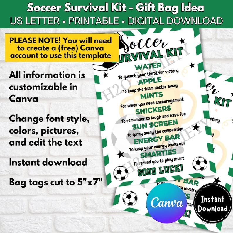 Editable Soccer Survival Kit Gift Tag, Gift Bag Printable, Soccer Gift ...