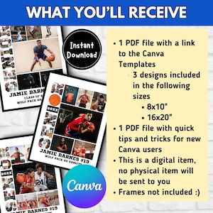 May include: A digital download of three basketball-themed Canva templates for creating a personalized collage. The templates feature a black and white background with a basketball design and the text "Jamie Barnes #19". The templates are available in 8x10 inch and 16x20 inch sizes.
