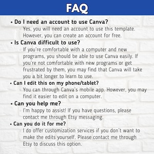 Puede incluir: Una lista de preguntas frecuentes (FAQ) sobre el uso de Canva para editar una plantilla. La lista incluye preguntas sobre la necesidad de una cuenta, la dificultad de uso, la edici&oacute;n en un tel&eacute;fono o tableta, la obtenci&oacute;n de ayuda y los servicios de personalizaci&oacute;n.