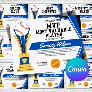 Editable Baseball Award Certificates, Canva Template, Certificate Template, End of Season, Baseball Awards, Team Party, Sports Banquet