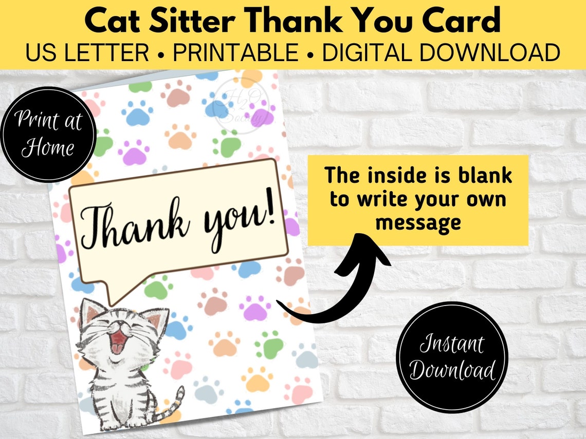 Pet Sitter Thank You Card, Printable Cat Sitter Gift, Cat Thank You ...