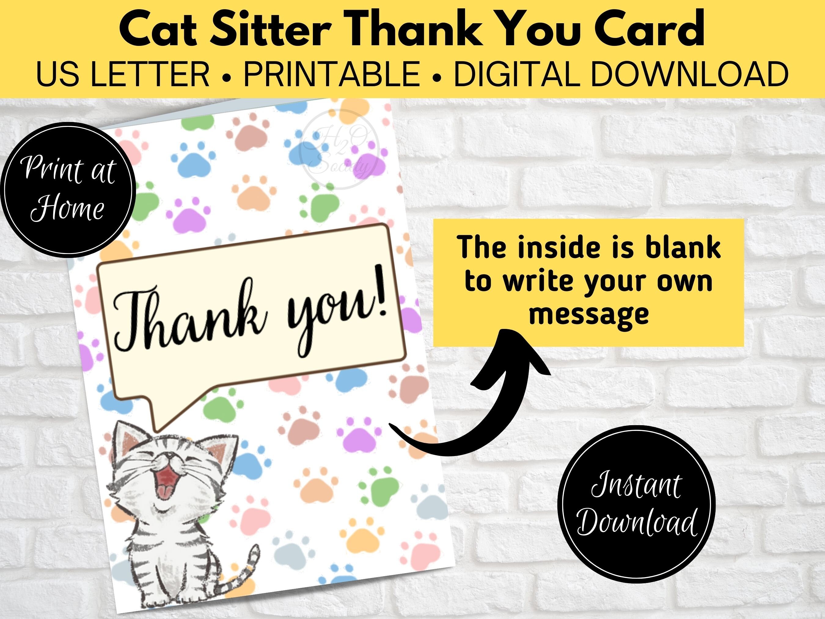 Pet Sitter Thank You Card, Printable Cat Sitter Gift, Cat Thank You