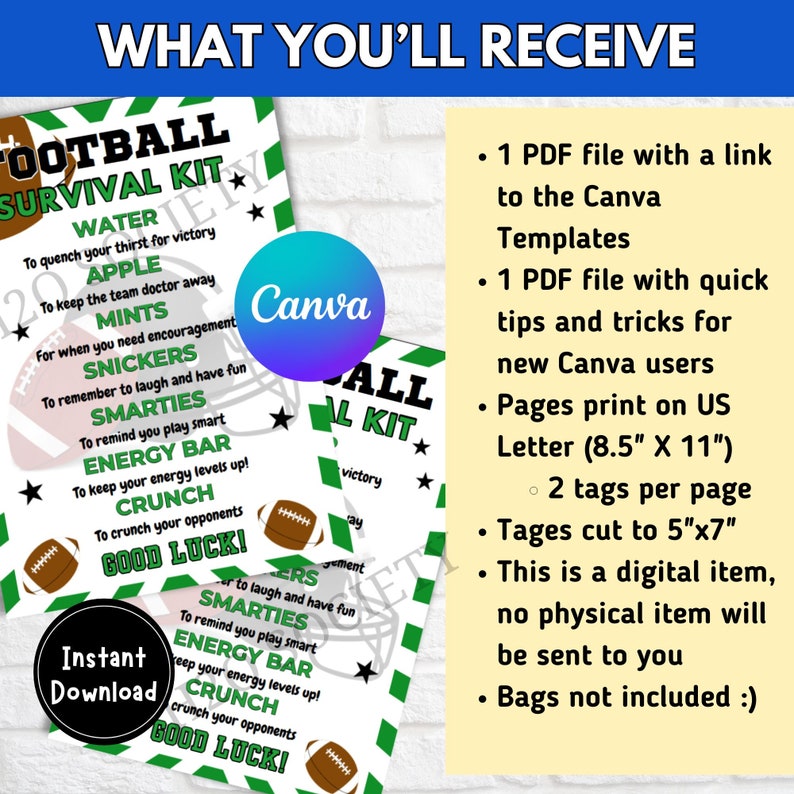Editable Football Survival Kit Gift Tag, Gift Bag Printable, Football ...