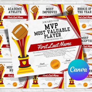 Editable Football Award Certificates, Canva Template, Certificate Template, End of Season, Football Awards, Team Party, Sports Banquet