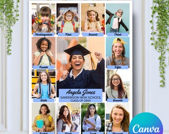 May include: A collage of photographs depicting a young woman's journey through school, from kindergarten to her graduation from high school. The photographs are arranged in a grid, with each photo labelled with the corresponding grade level. The caption below the photos reads "Angela Jones, Sanderson High School, Class of 20XX".