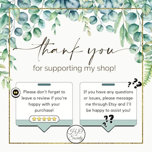 Puede incluir: Un mensaje de agradecimiento por apoyar una tienda, con dos burbujas de di&aacute;logo. La primera burbuja de di&aacute;logo dice "&iexcl;No olvides dejar una rese&ntilde;a si est&aacute;s contento con tu compra!" y tiene cinco estrellas debajo. La segunda burbuja de di&aacute;logo dice "Si tienes alguna pregunta o problema, por favor, contacta conmigo a trav&eacute;s de Etsy y estar&eacute; encantado de ayudarte!" y tiene signos de interrogaci&oacute;n alrededor. El texto "H2O Society" est&aacute; debajo de las burbujas de di&aacute;logo.