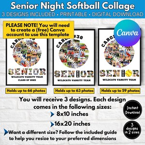 May include: Three printable softball collage designs for senior night. Each design features a softball with photos inside the seams and the word "Senior" spelled out with photos. The designs are available in 8x10 inch and 16x20 inch sizes. The text "Canva" is visible in the top right corner of the image.