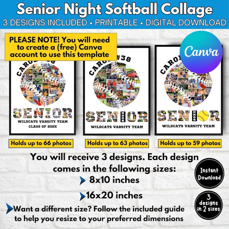 May include: Three printable softball collage designs for senior night. Each design features a softball with photos inside the seams and the word "Senior" spelled out with photos. The designs are available in 8x10 inch and 16x20 inch sizes. The text "Canva" is visible in the top right corner of the image.