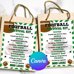 Etiqueta de regalo del kit de supervivencia de fútbol editable, bolsa de regalo imprimible, regalo de fútbol, campamento de fútbol, regalo del equipo de fútbol, mamá de fútbol, plantilla Canva