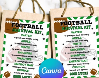 May include: Green and white striped background with a brown and white football graphic. The text "FOOTBALL SURVIVAL KIT" is in green letters with a white star. The text below lists items such as water, apple, mints, snickers, smarties, energy bar, and crunch, with a description of each item.