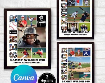 Baseball-Fotocollage, Senior-Poster, Senior-Nachtabschlussgeschenk, Baseball-Geschenk, bearbeitbare Sportspieler-Fotocollage, Canva-Vorlage
