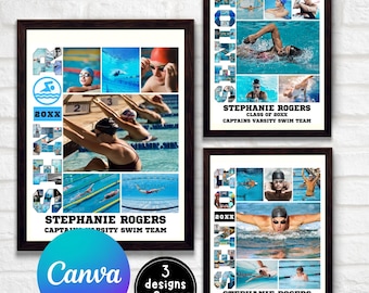 Schwimmer-Fotocollage, Senior Poster, Senioren-Nacht-Abschluss-Geschenk, Schwimmer-Geschenk, bearbeitbare Sportspieler-Fotocollage, Canva-Vorlage