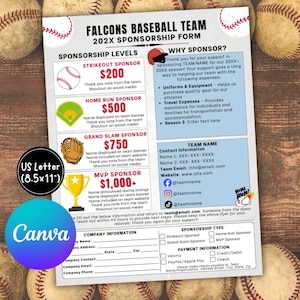 May include: A baseball team sponsorship form with the text "Falcons Baseball Team" and sponsorship levels. The form includes sections for company information, sponsorship types, and payment information. The form is printed on US Letter (21.6 x 27.9 cm) paper.
