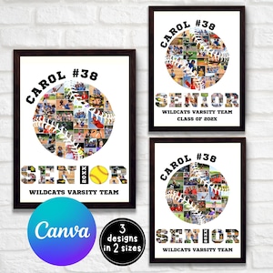 May include: Three digital photo collage designs for a softball player. Each design features a softball with a photo mosaic, the player's name, number, and the words "Senior" and "Wildcats Varsity Team".