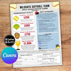Puede incluir: Un formulario de patrocinio de equipo de softbol en papel US Letter (21,6 x 27,9 cm). El formulario incluye niveles de patrocinio, información de contacto y una sección que explica por qué patrocinar. El formulario está diseñado en Canva.