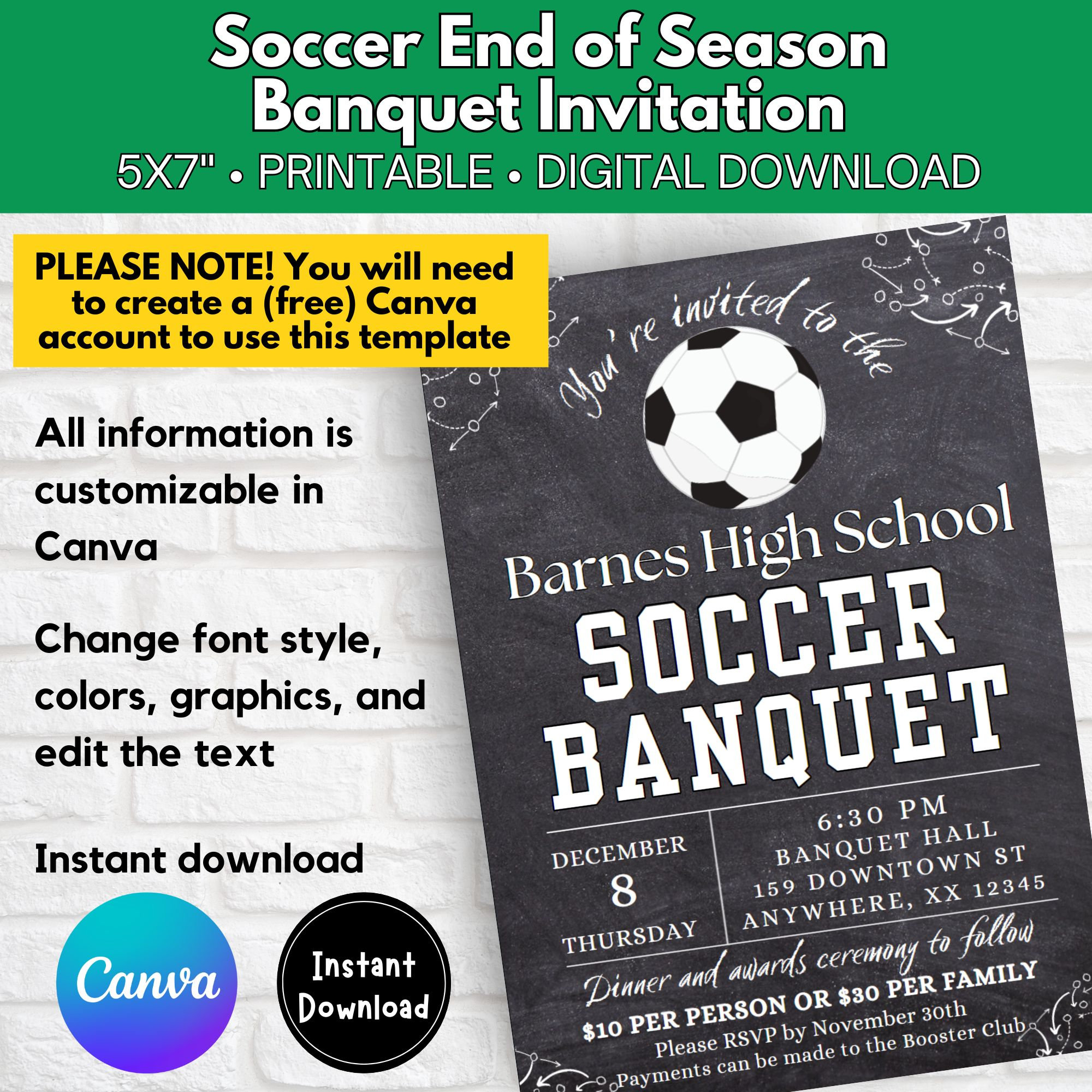 Printable Soccer Team Banquet Invitation, Team Party, End of Season ...