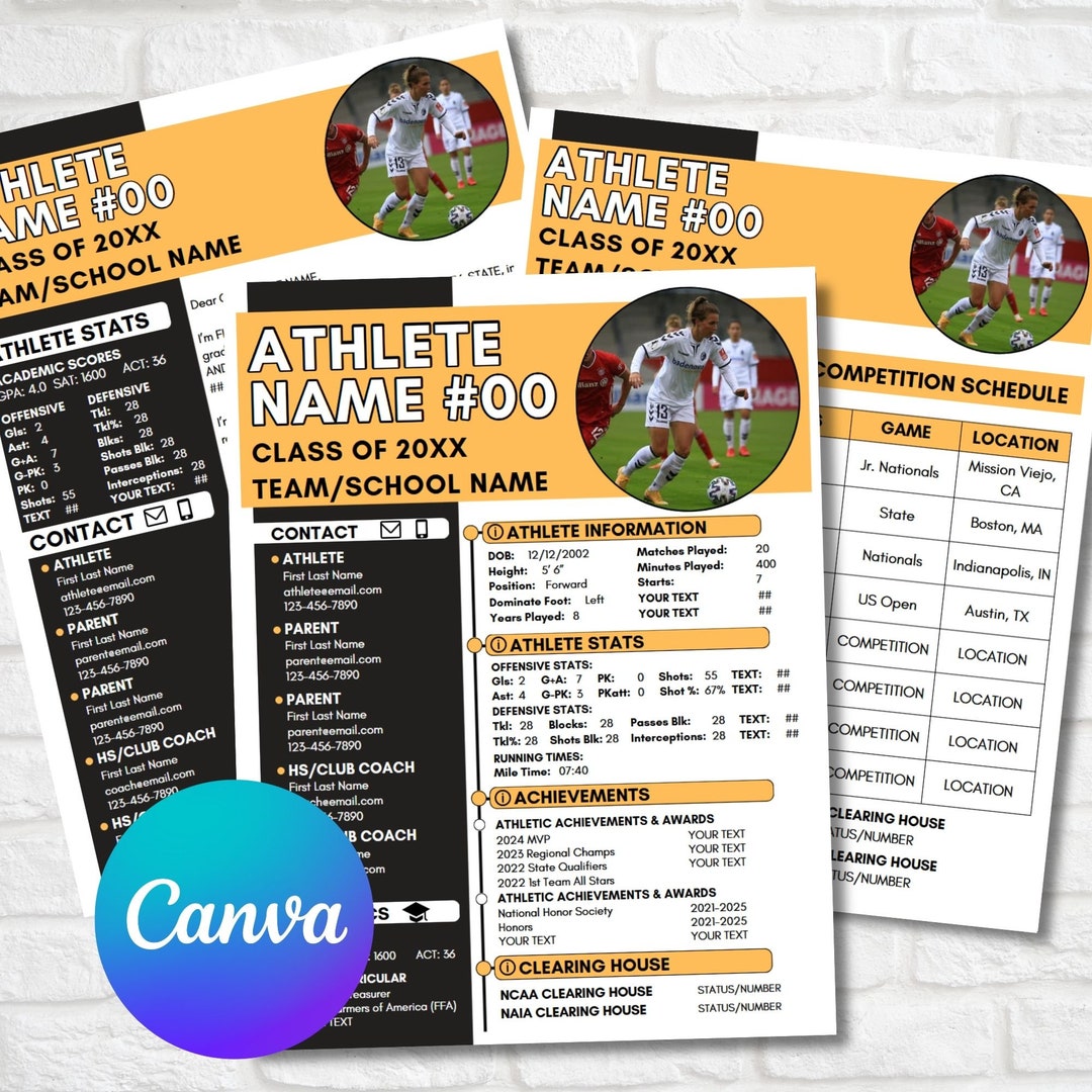 Soccer Athlete Profile Sheet, College Recruiting, Editable Canva ...
