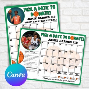 Bearbeitbare Basketball-Kalender-Spendenvorlage, Wählen Sie ein Spendedatum aus, Fundraiser-Flyer, Team-Spendenaktion, Canva-Vorlage, Basketball