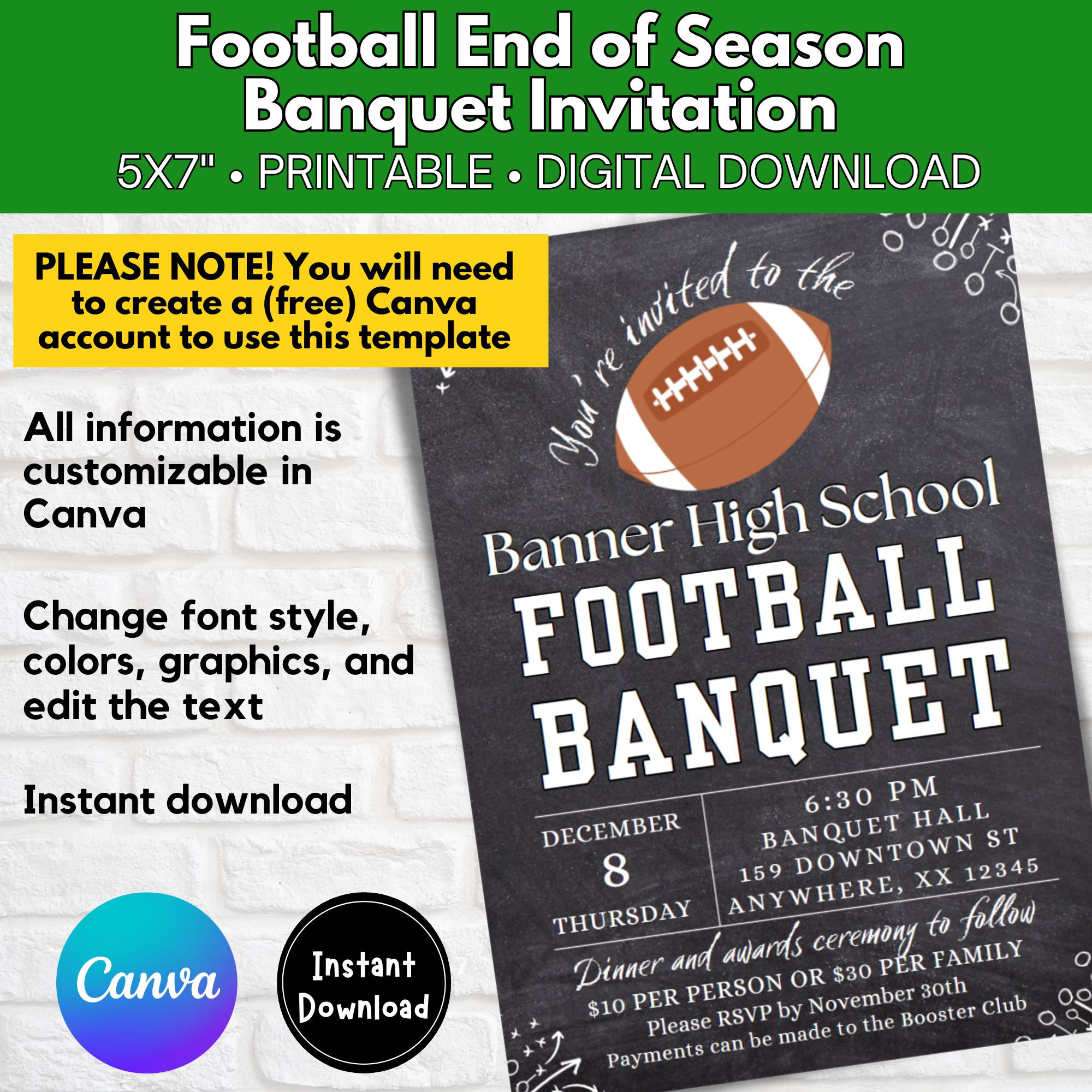 Printable Football Team Banquet Invitation, Team Party, End of Season ...